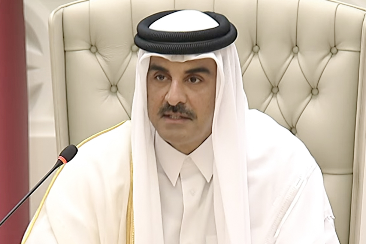 Qatar’s Emir Sheikh Tamim bin Hamad Al Thani delivers a speech.