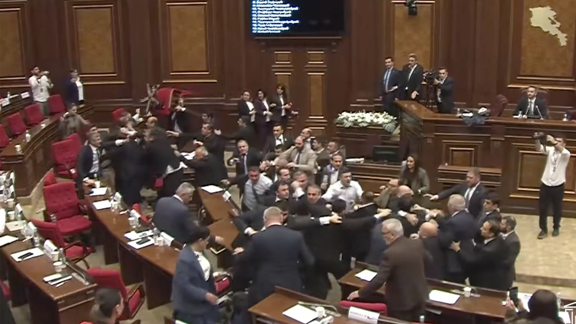 Armenia’s parliament descended into fisticuffs after a ruling-party MP mocked the opposition leader’s family.