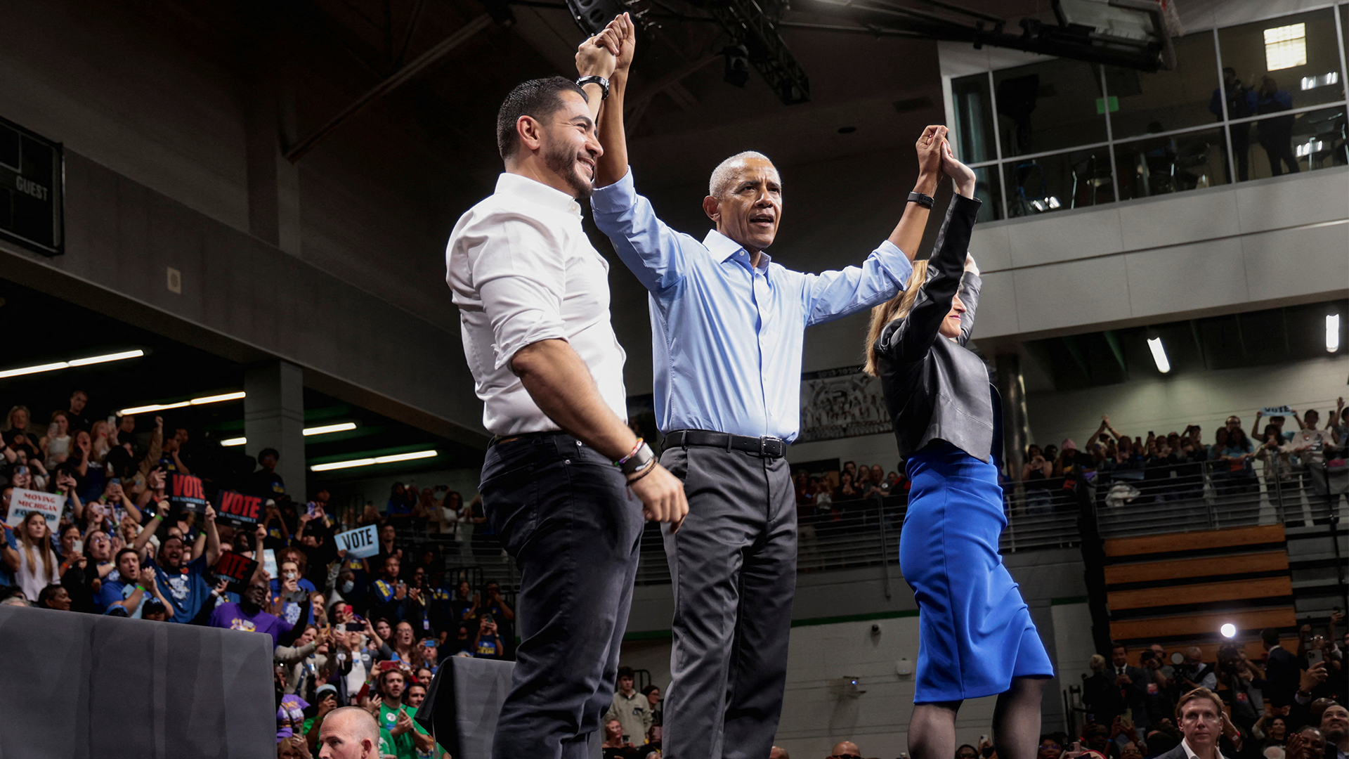Former US President Barack Obama campaigns with Democratic US Senate nominee Abdul El-Sayed and Democratic Gubernatorial candidate Jocelyn Benson in Detroit, Michigan, US, October 24, 2026. REUTERS